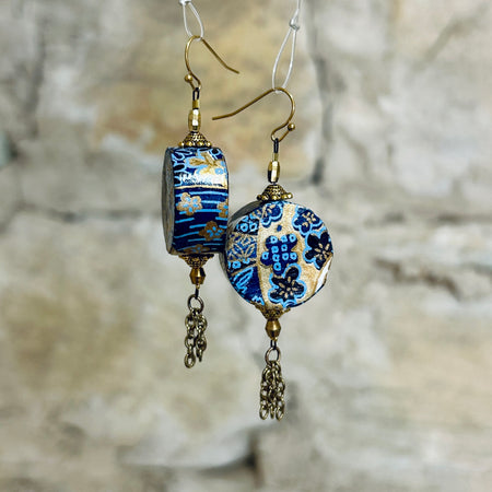 Blue Gold White Washi Paper Earrings: 2.5cm x 8cm