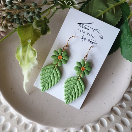 Fleur dangles- green and orange flower earrings