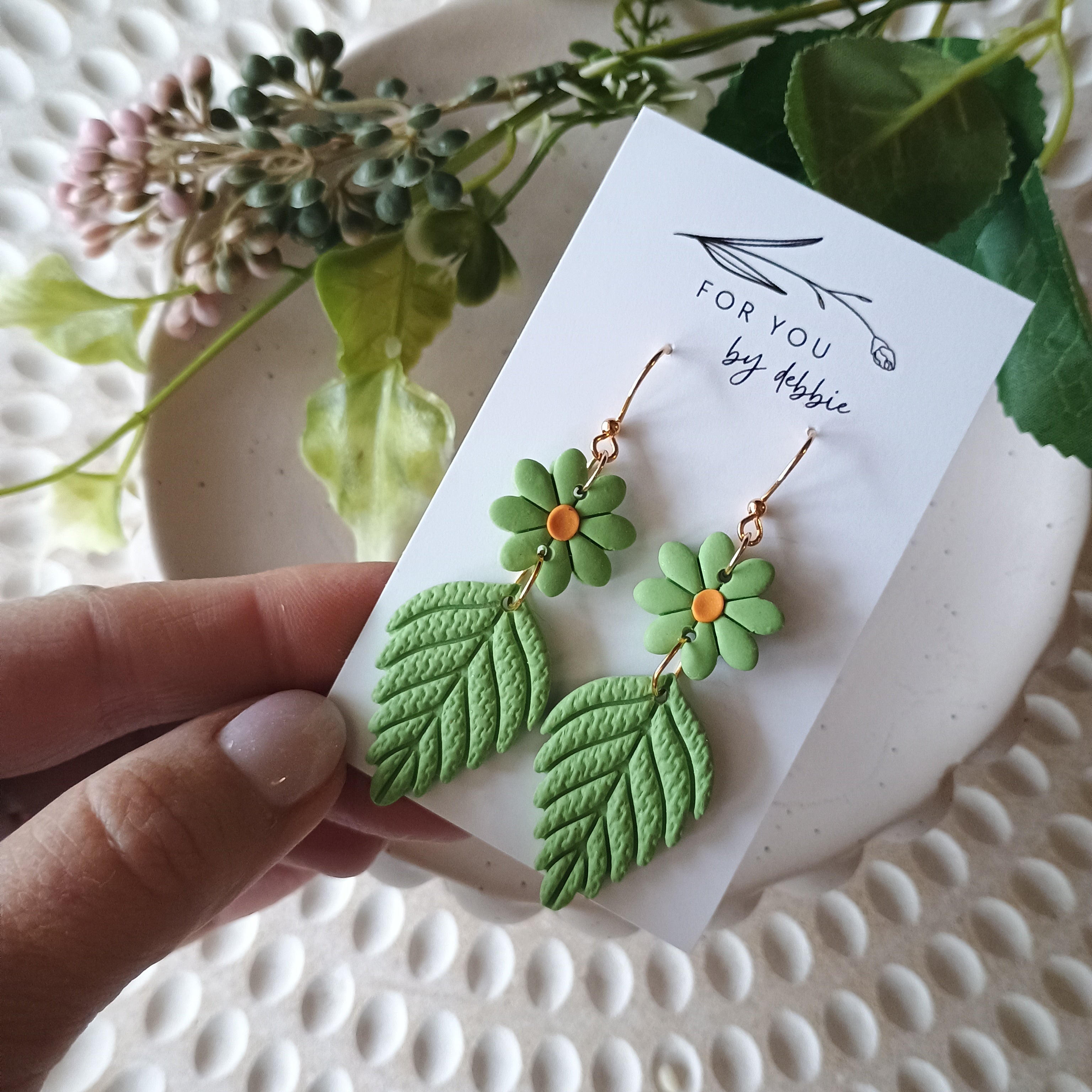 Fleur dangles- green and orange flower earrings
