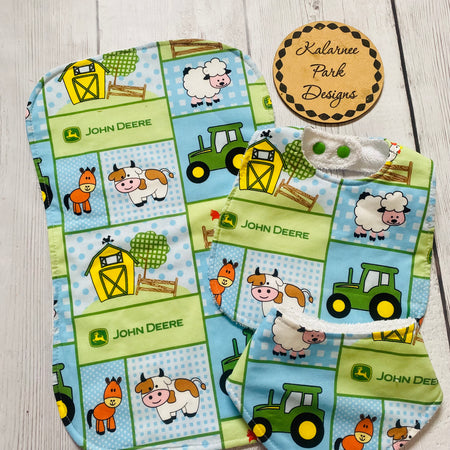 ''John Deere Farm'' Bib Set Includes Regular Bib Bandana Bib and Burp Cloth