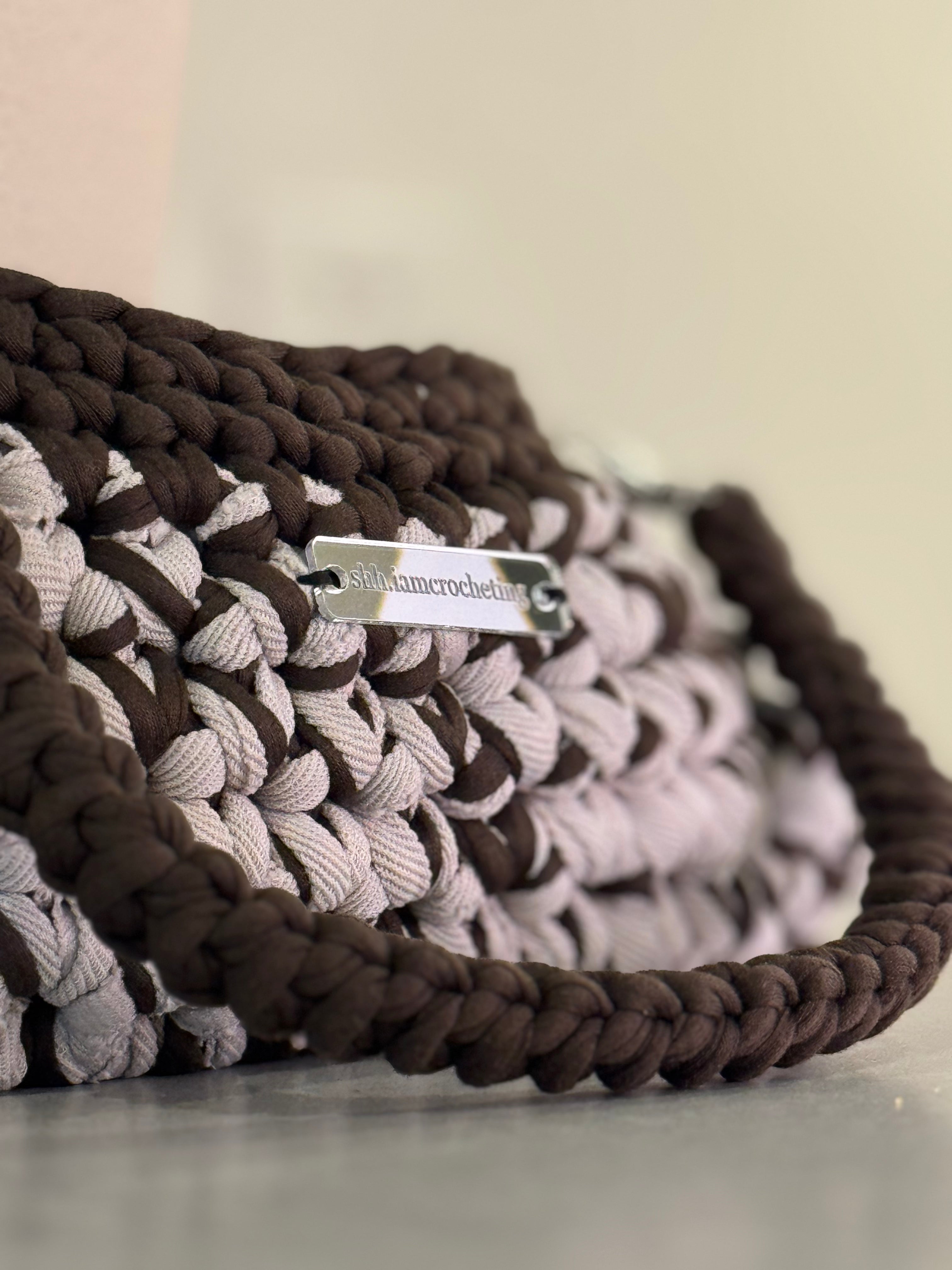Mini Shoulder Bag | Handmade Crochet Accessary | Chocolate x Stone Cotton & Recycled T-shirt Yarn