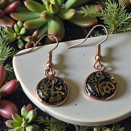 Steampunk watch parts dangle earrings (rose gold)