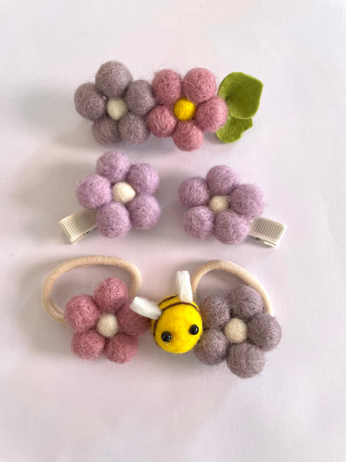 Pom pom flower clip set or barette clip
