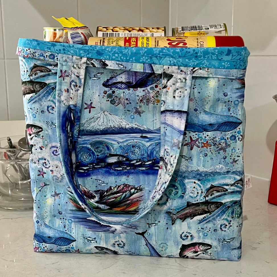 Grocery Tote .. Whales & Fish .. Lined with a storage pouch