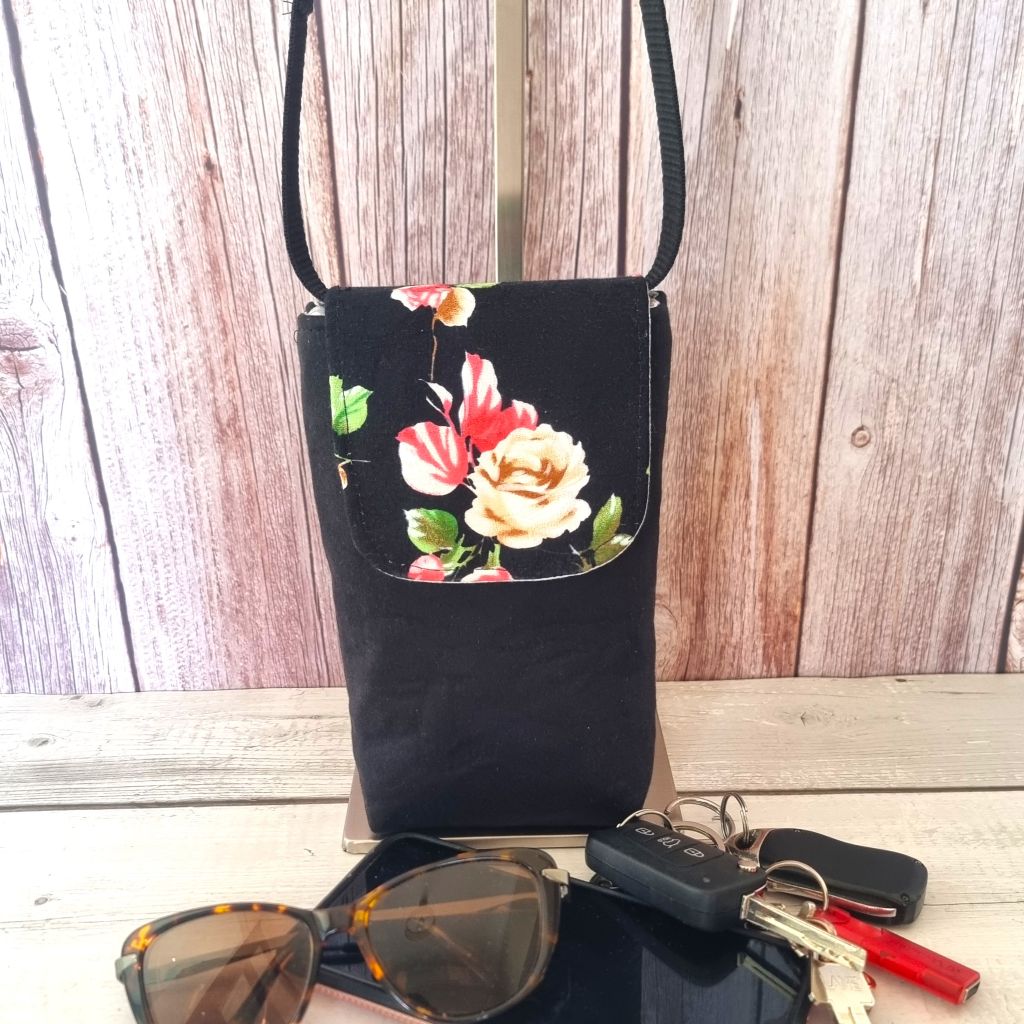 Upcycled small phone messenger bag - coral & latte roses on black