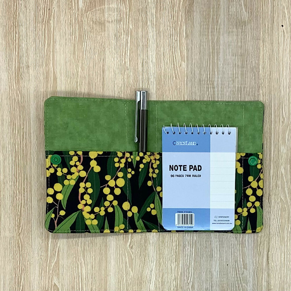 Australian Wattle refillable fabric pocket notepad cover with snap closure. Incl. book and pen.