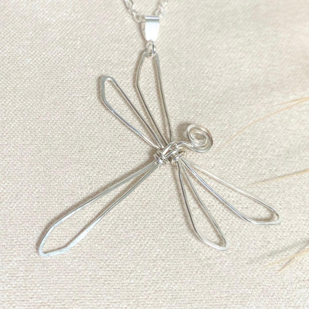 Dragonfly pendant necklace | Sterling silver wire | Cable link chain | Whimsical gift