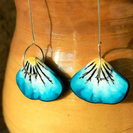 Viola petal flower earrings seagreen, handpainted, handcarved