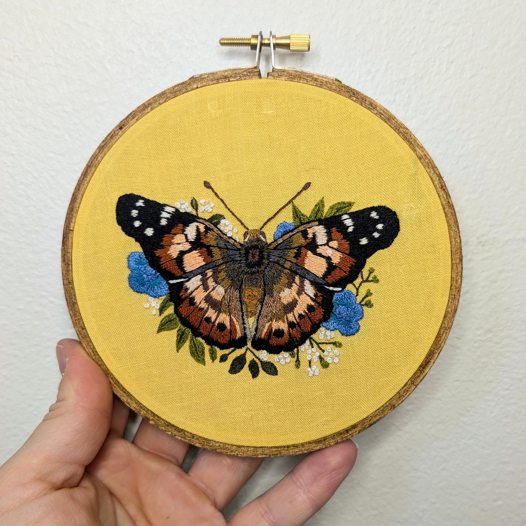 The Painted Lady Butterfly hand embroidery, 5" hoop