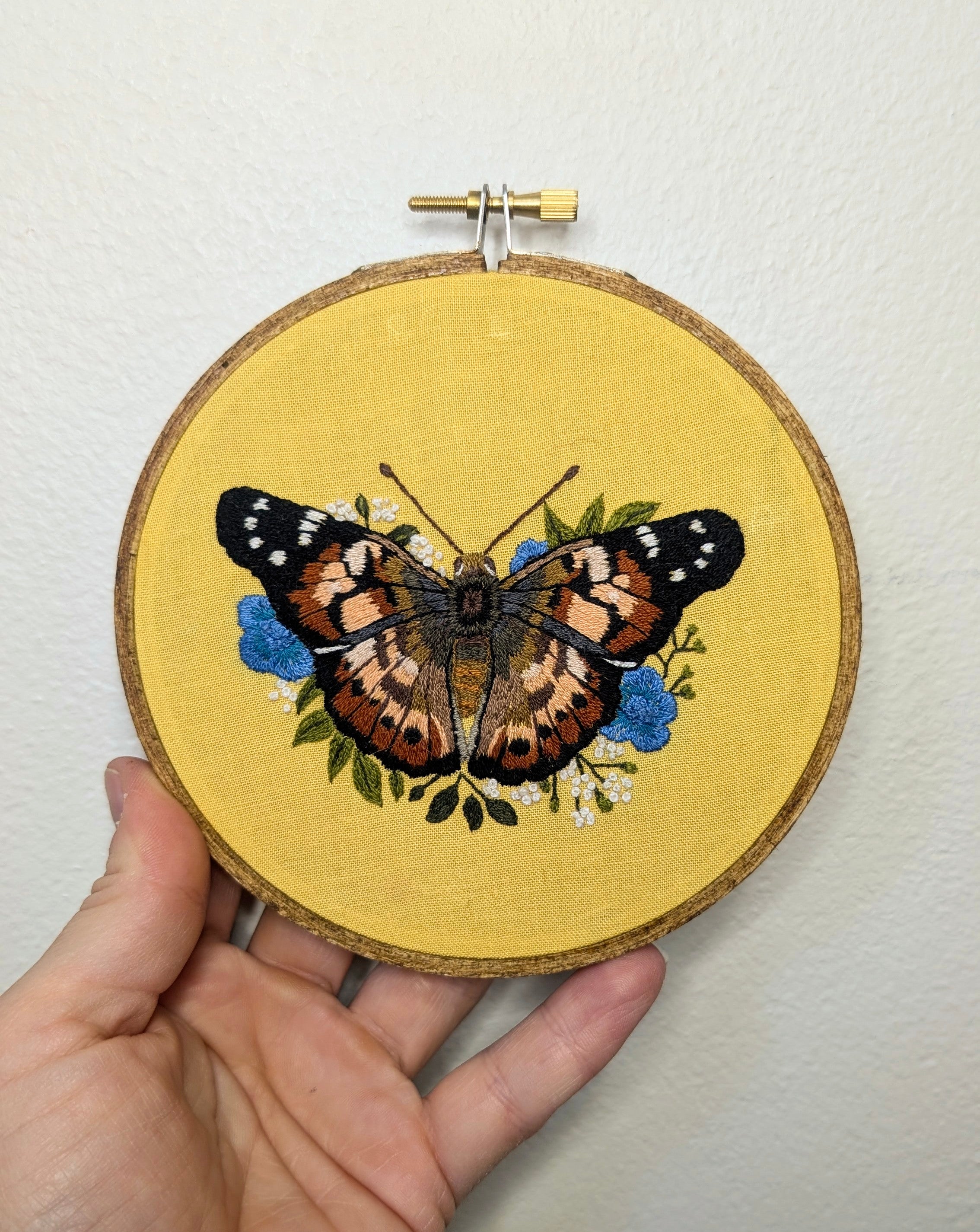 The Painted Lady Butterfly hand embroidery, 5" hoop