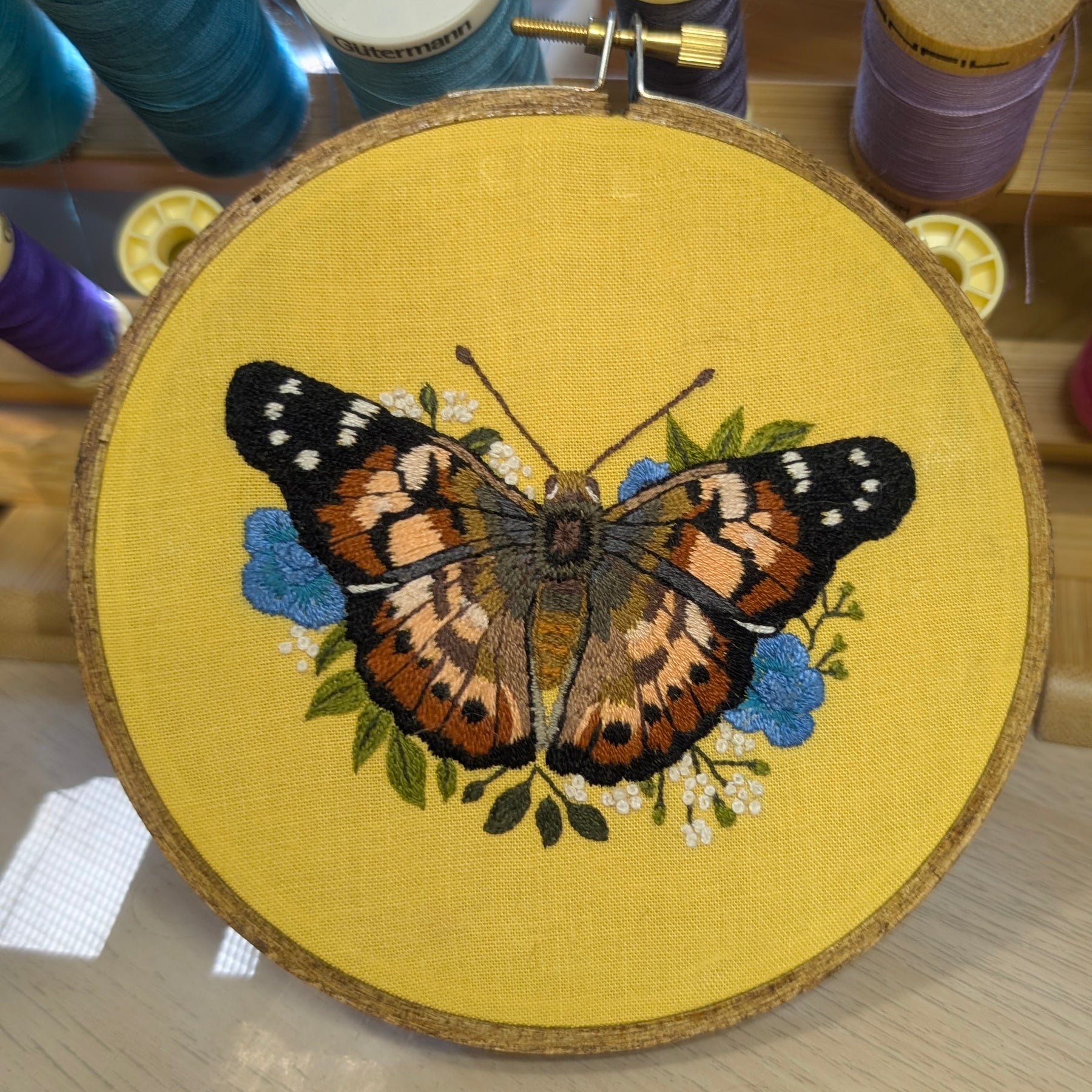 The Painted Lady Butterfly hand embroidery, 5" hoop