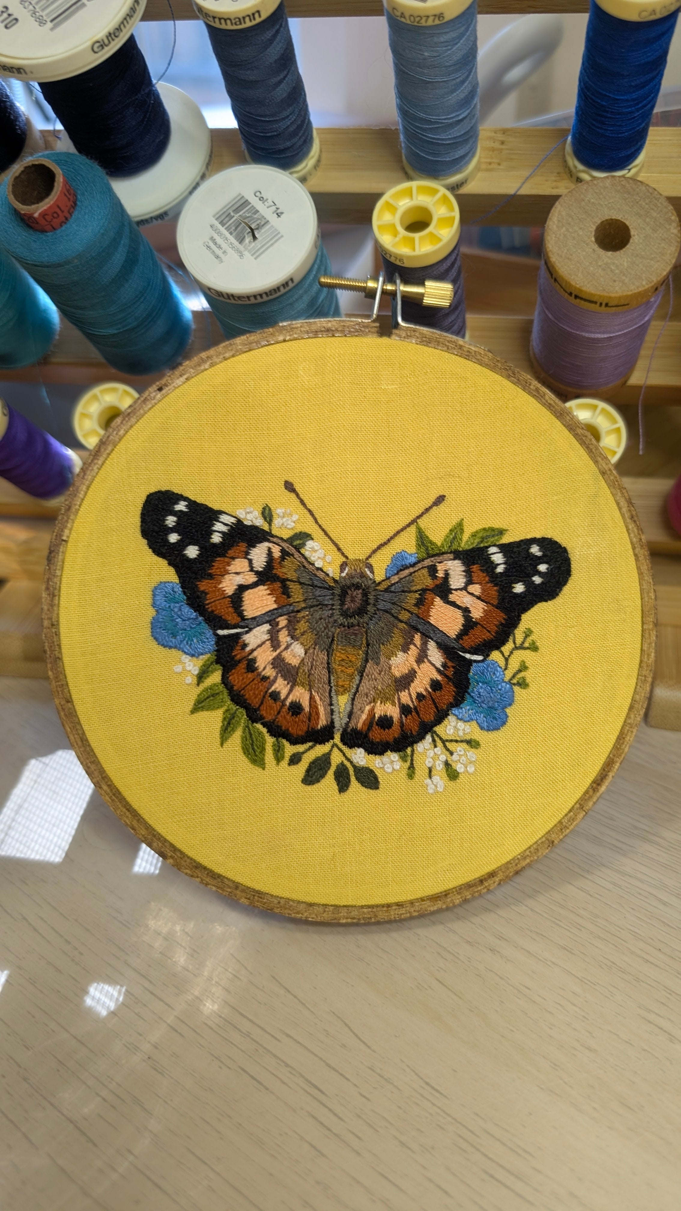 The Painted Lady Butterfly hand embroidery, 5" hoop