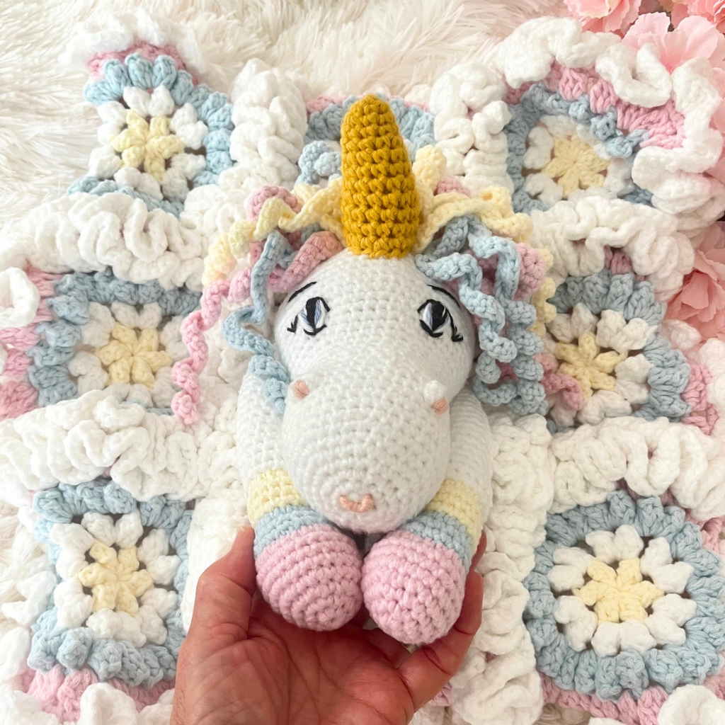 Crochet Unicorn Snuggler, Handmade Unicorn Lovey Blanket