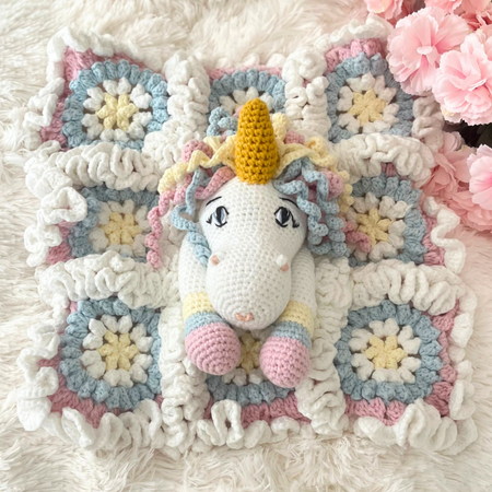Crochet Unicorn Snuggler, Handmade Unicorn Lovey Blanket