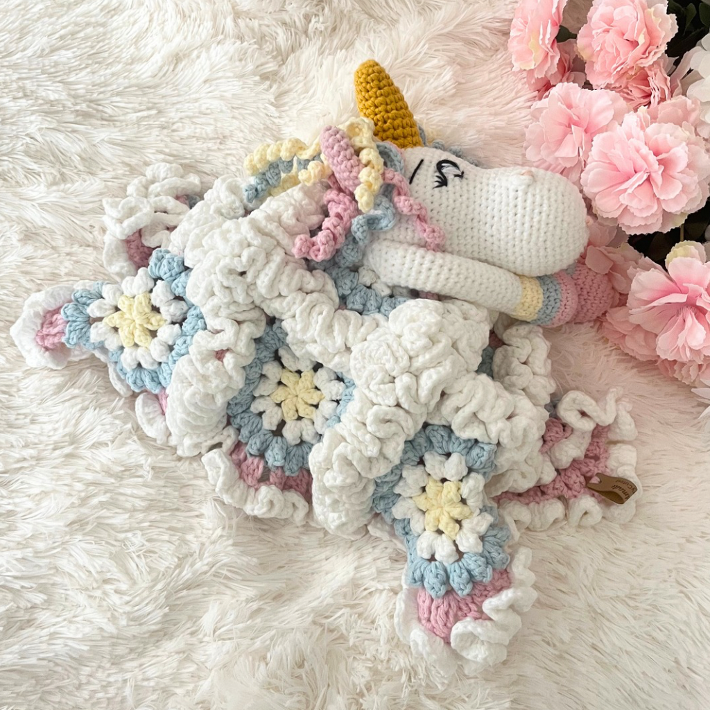 Crochet Unicorn Snuggler, Handmade Unicorn Lovey Blanket