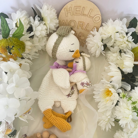 Handmade Crochet Missy Goose Snuggler Teether Baby Gift Set