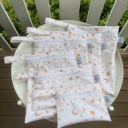 READY MADE Water-resistant wet bags - Stars and Moons Gold and White (JacSlade)