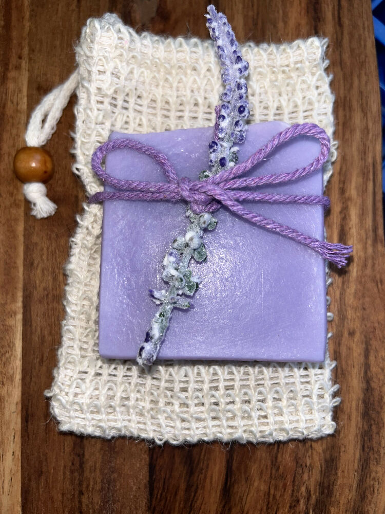 handmade lavender soap and natural soap saver bag gift pack