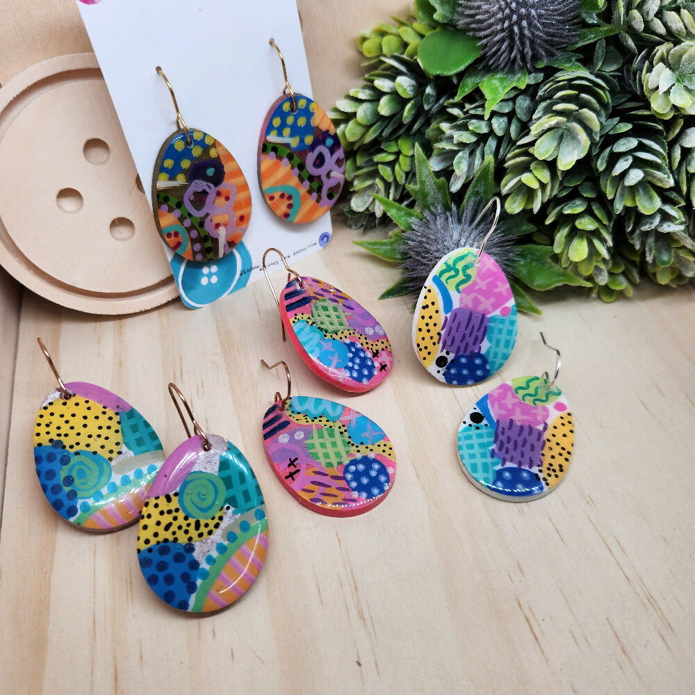 Dangle Earrings Gemma Oval Painted Handcast Resin Hook Earring