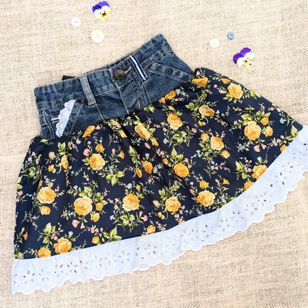 Girls Skirt Upcycled denim Yellow Roses on Navy Size 3-4