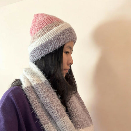 Knit double layered beanie and circular scarf set