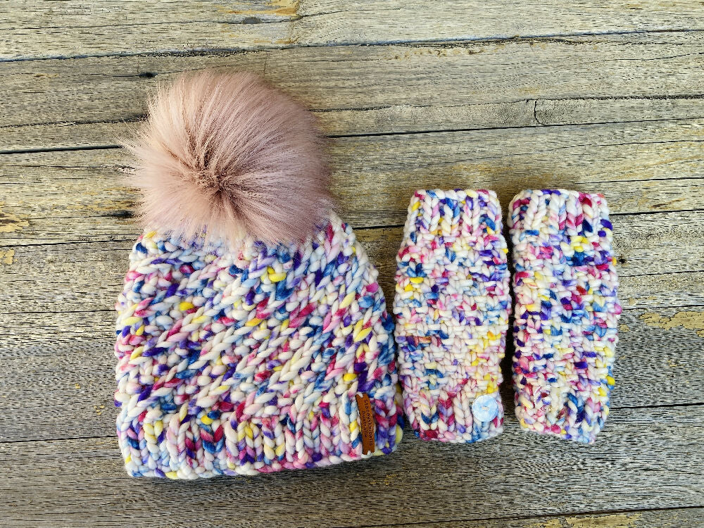 Hand Knitted Beanie, Pompom Beanie, Rainbow Beanie