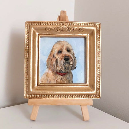 Miniature pet portrait hand painted from your photo, framed.