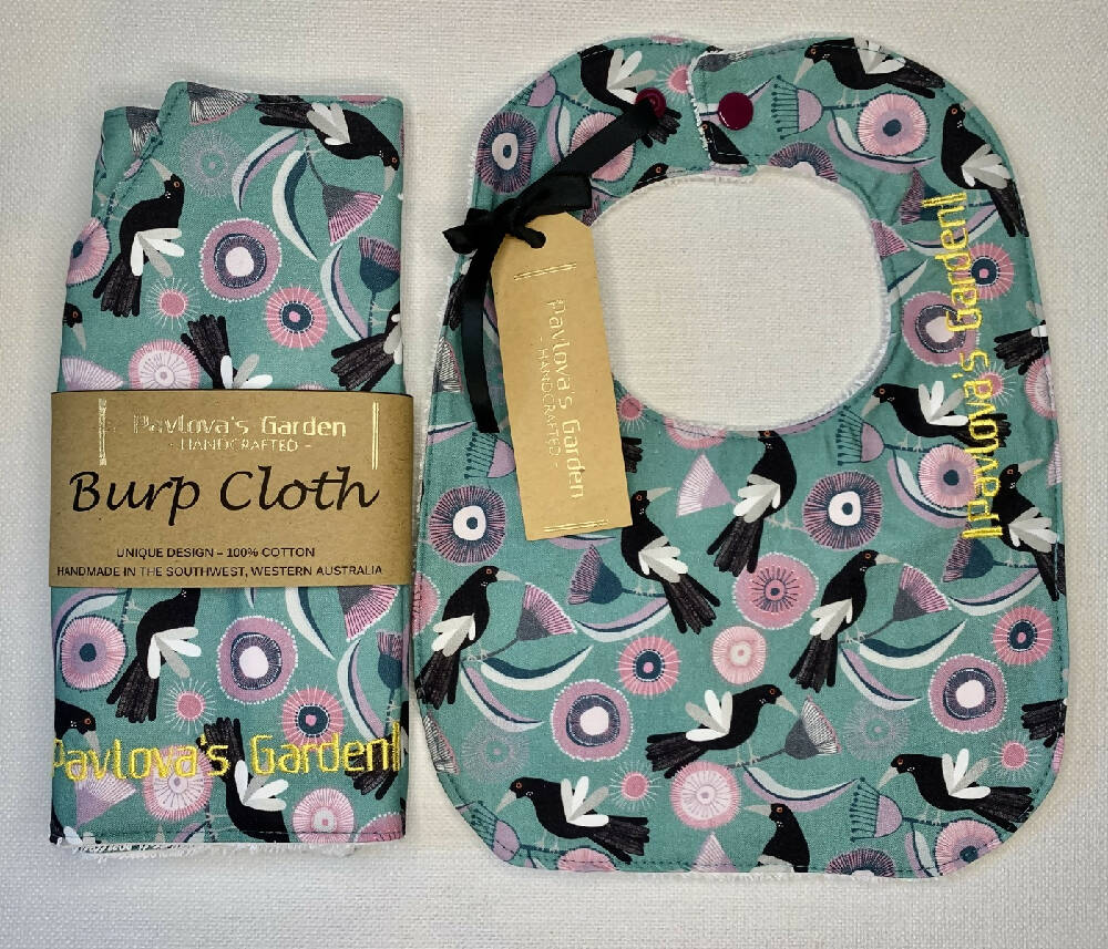 Bib & Burp Cloth Set - Magpies on Green