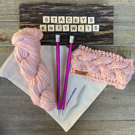 DIY Cable Headband Knitting Kit - Pink Merino