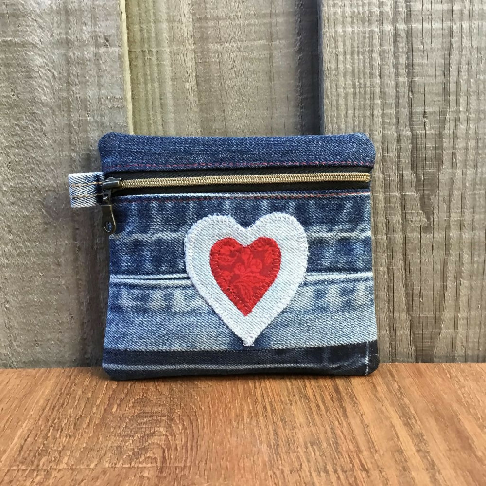 Upcycled Denim Coin Pouch - Denim & Red Heart