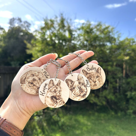 Custom Pet Portrait Key Ring – Handmade Pyrography on Wood