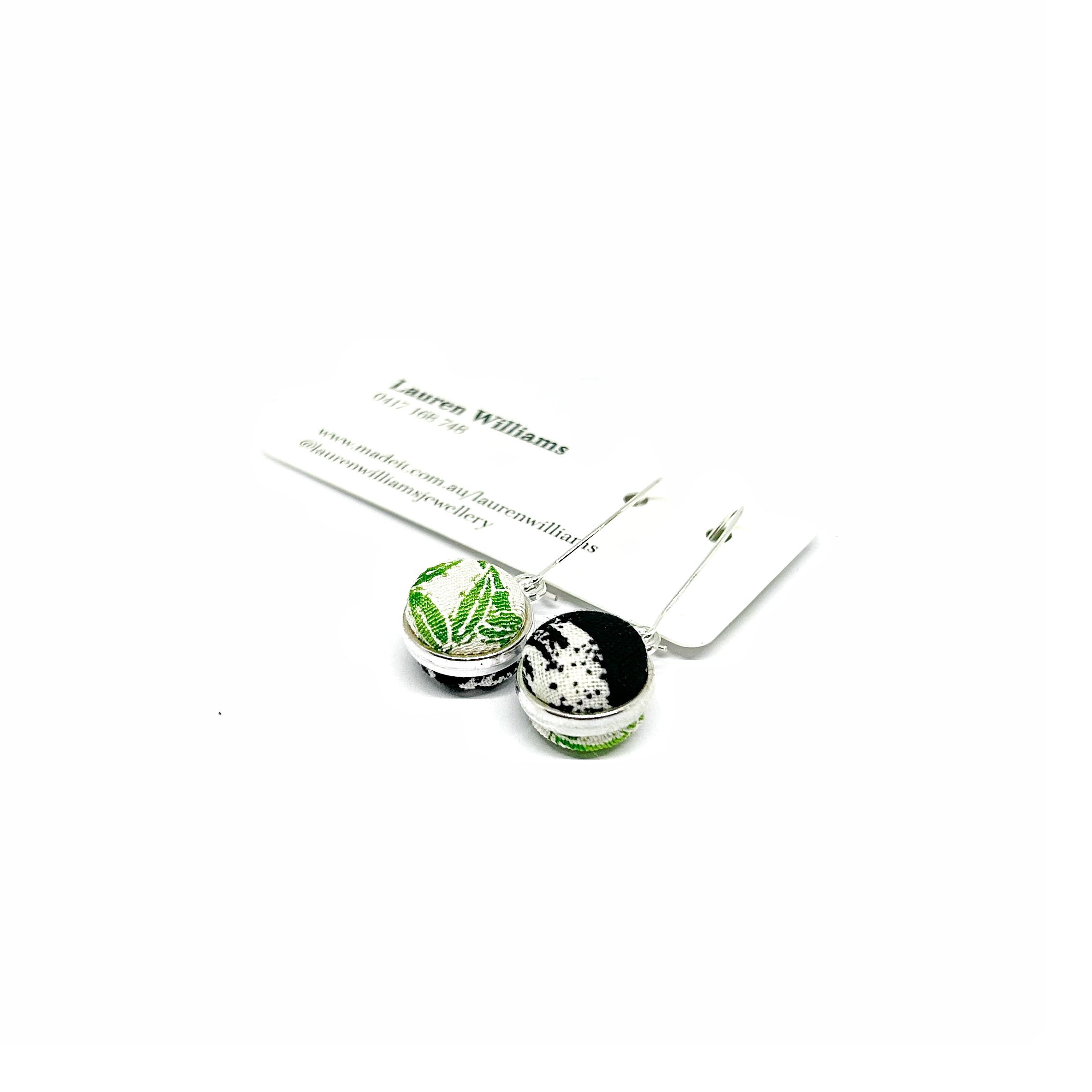 Double Sided Fabric Button Earrings - Green Bamboo