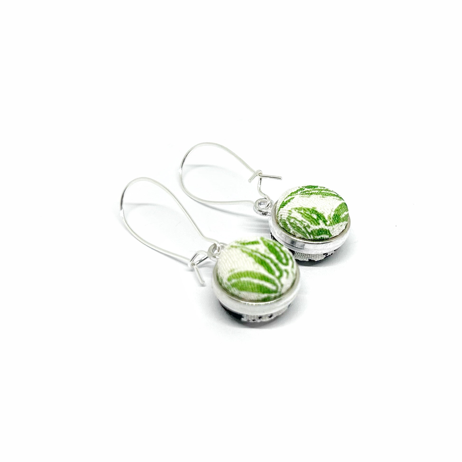 Double Sided Fabric Button Earrings - Green Bamboo