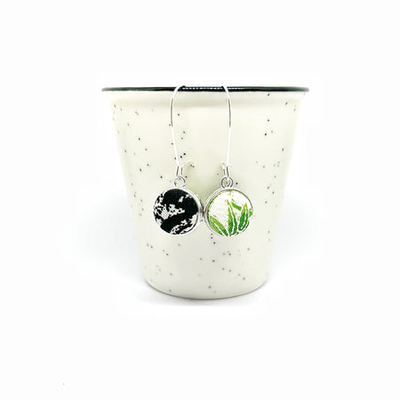 Double Sided Fabric Button Earrings - Green Bamboo