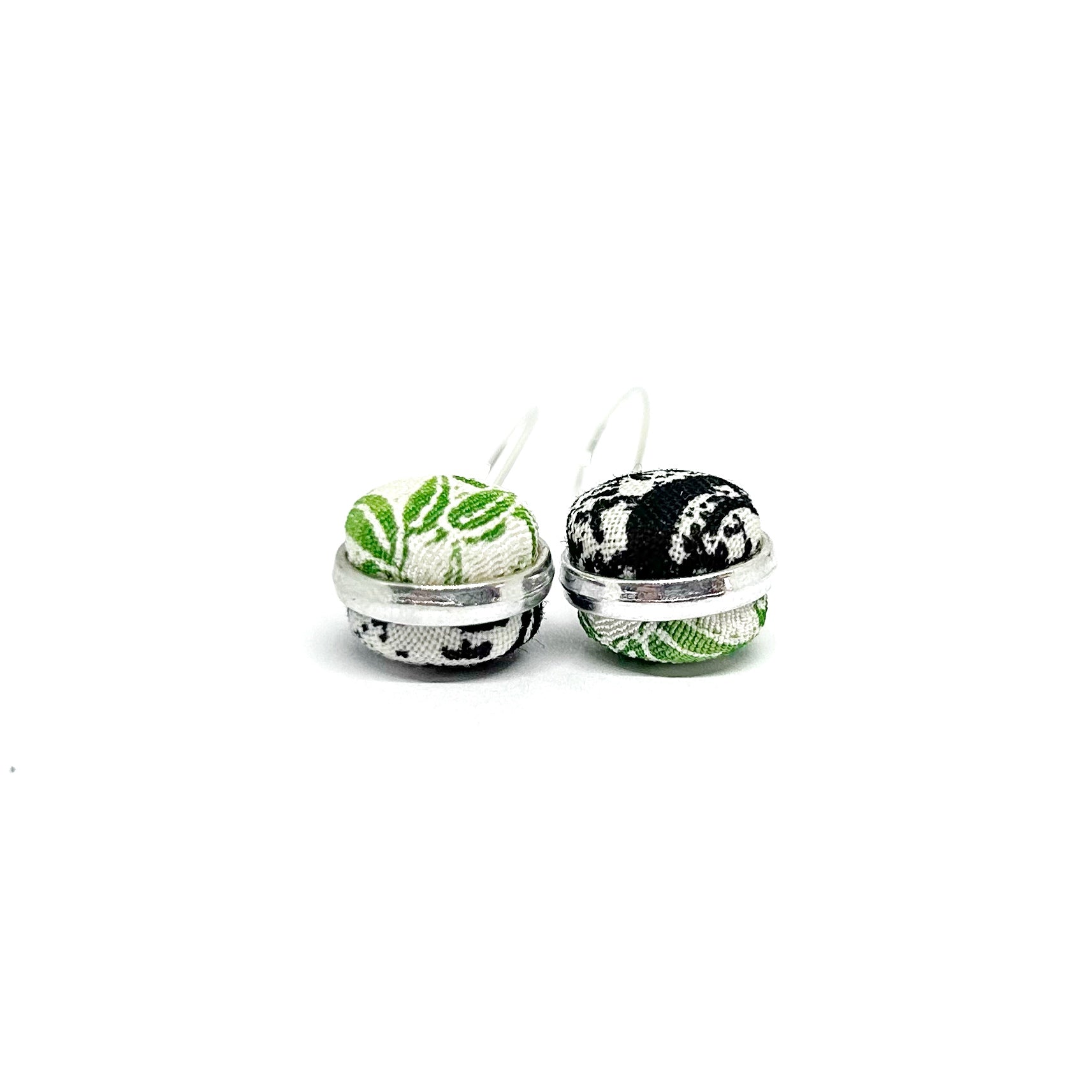 Double Sided Fabric Button Earrings - Green Bamboo