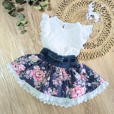 Girls Skirt Denim Upcycled Pink and Navy Floral Size 2