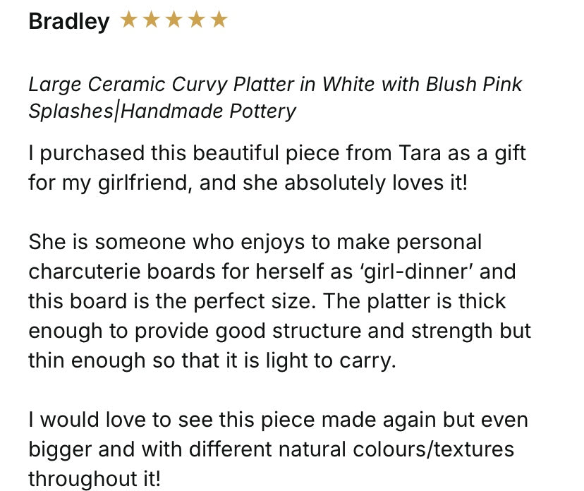 Large Ceramic Curvy Platter in White with Blush Pink Splashes|Restocked|Handmade Pottery