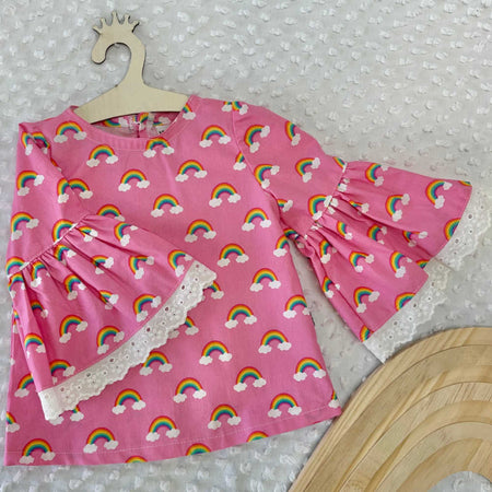 Pink Rainbow Bell Sleeve Top – Size 2–3 Girls