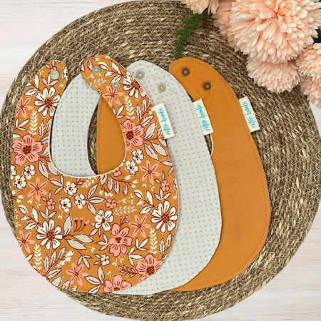 Bundle of 3 Bibs - Cotton - Pink on Mustard Floral - Baby Bibs