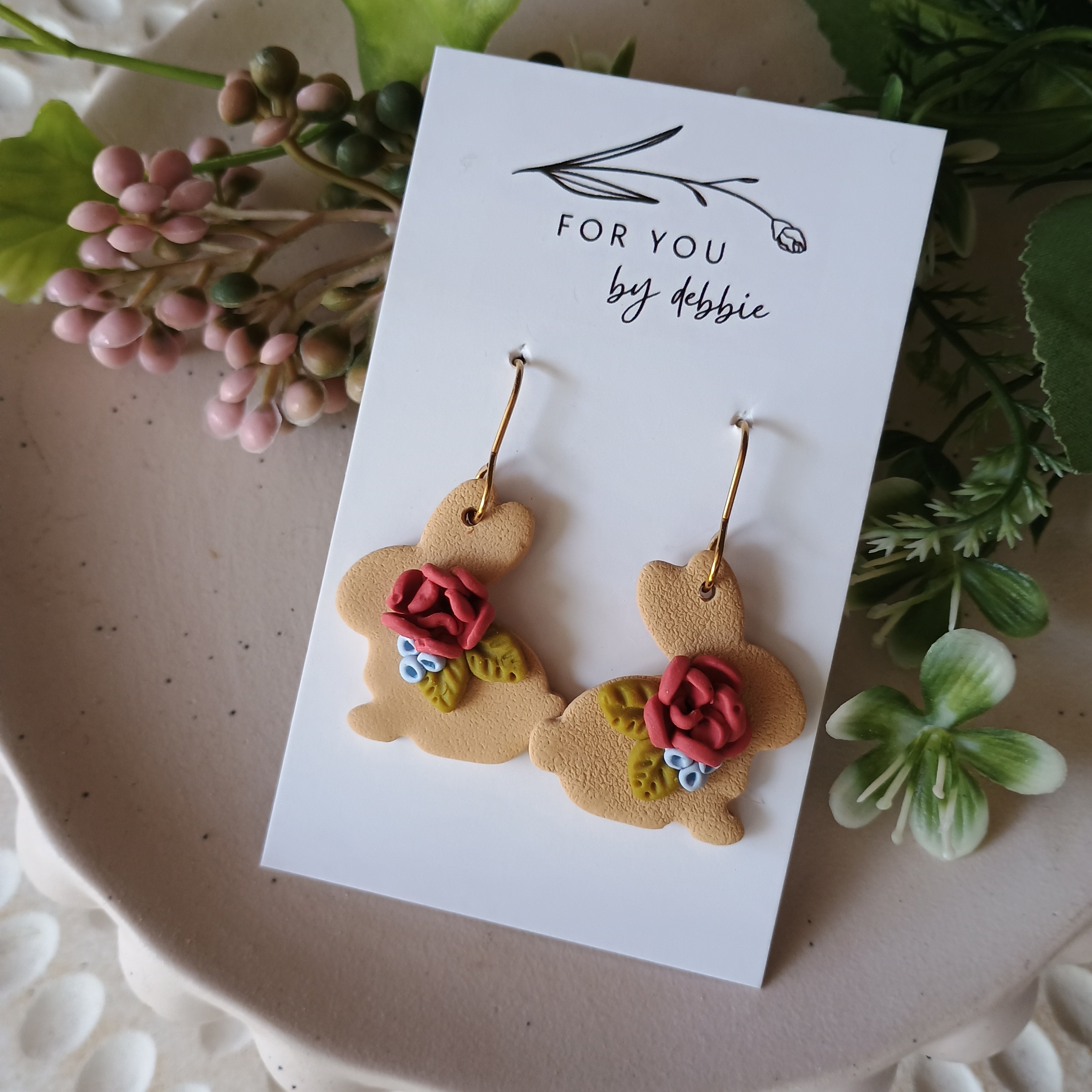 Floral bunny polymer clay earrings- Easter rabbit