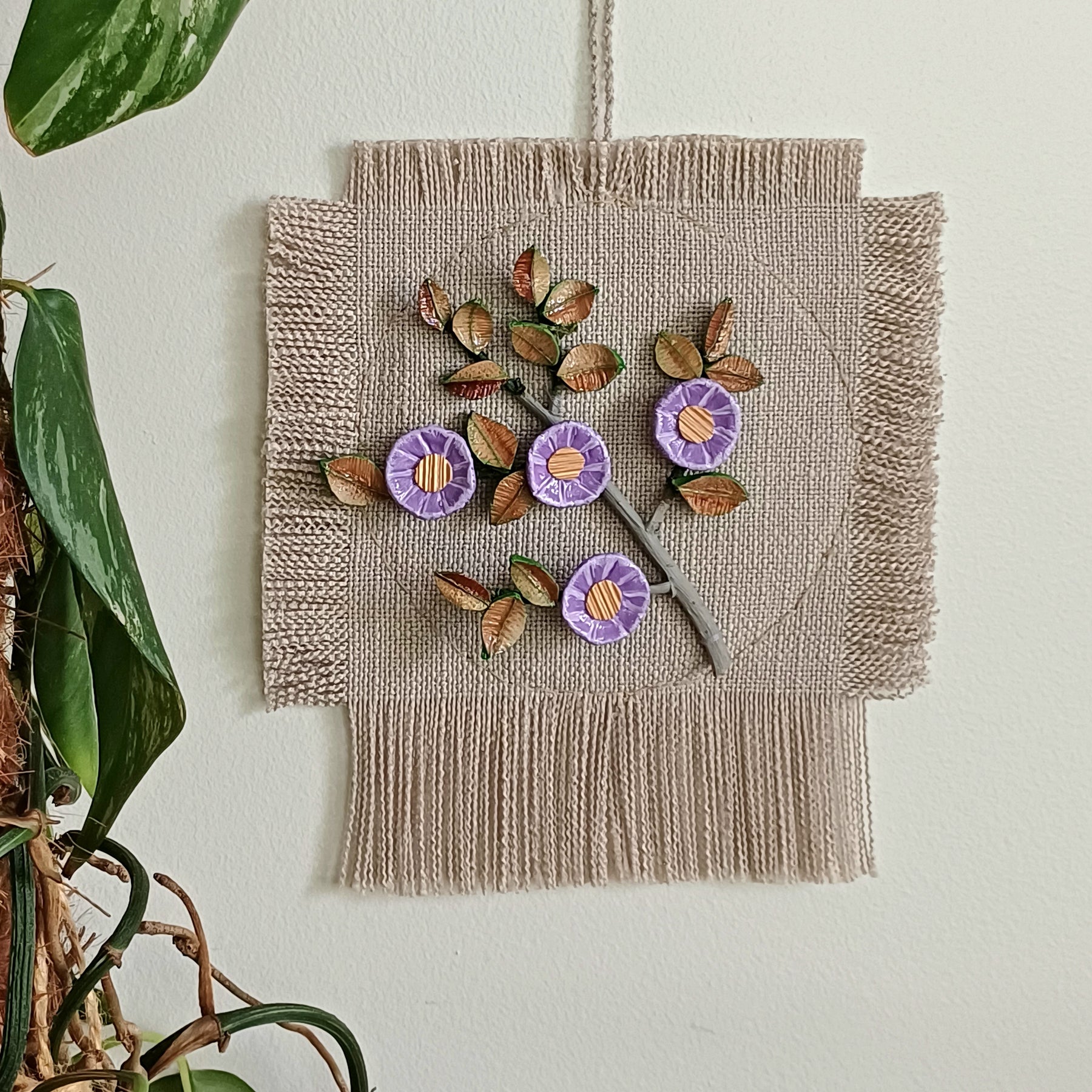 Flower Branch Wall art purple natural clay palm leaf handmade