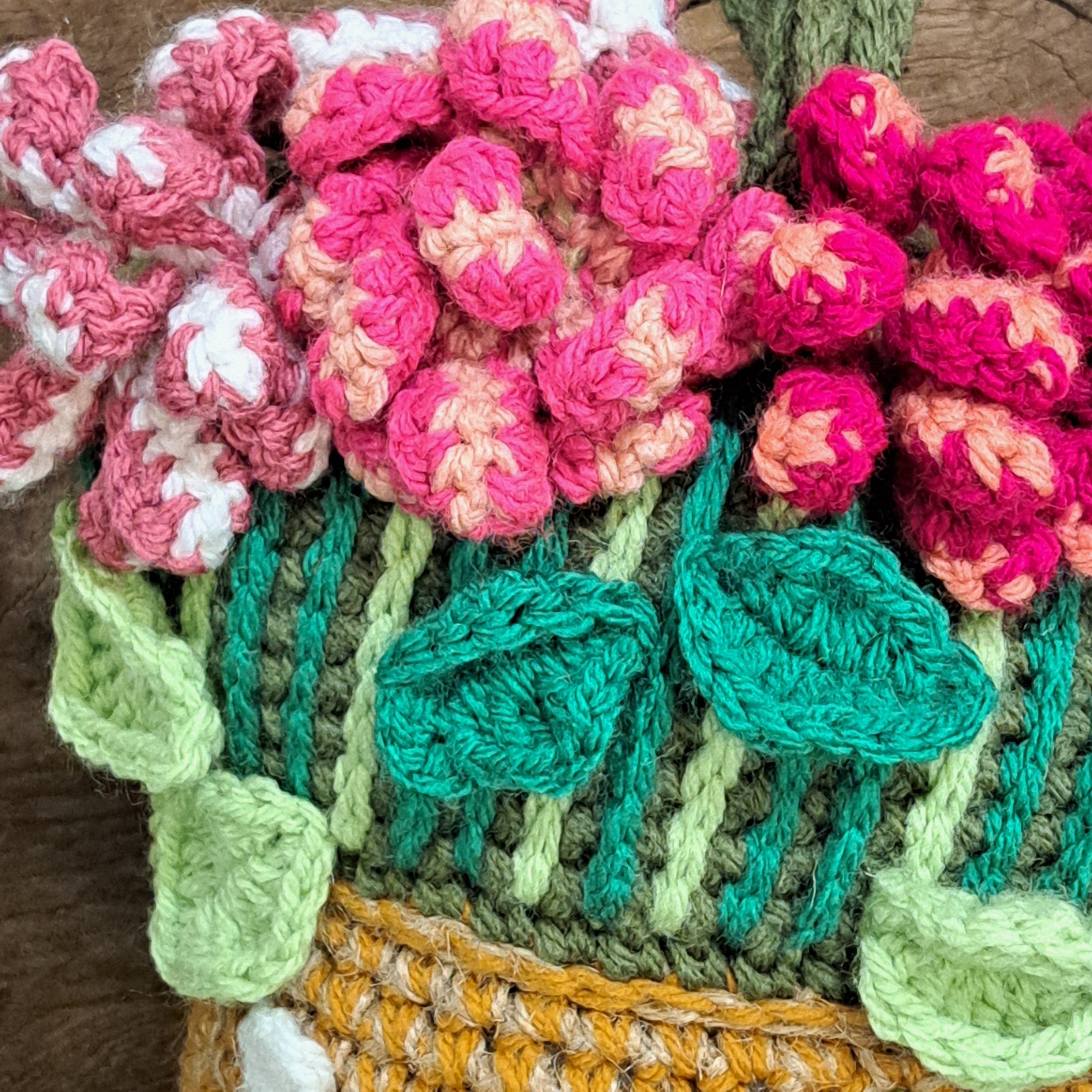 Handmade Crochet flower vase doorstop, rustic jute, cotton, pink flowers orange vase