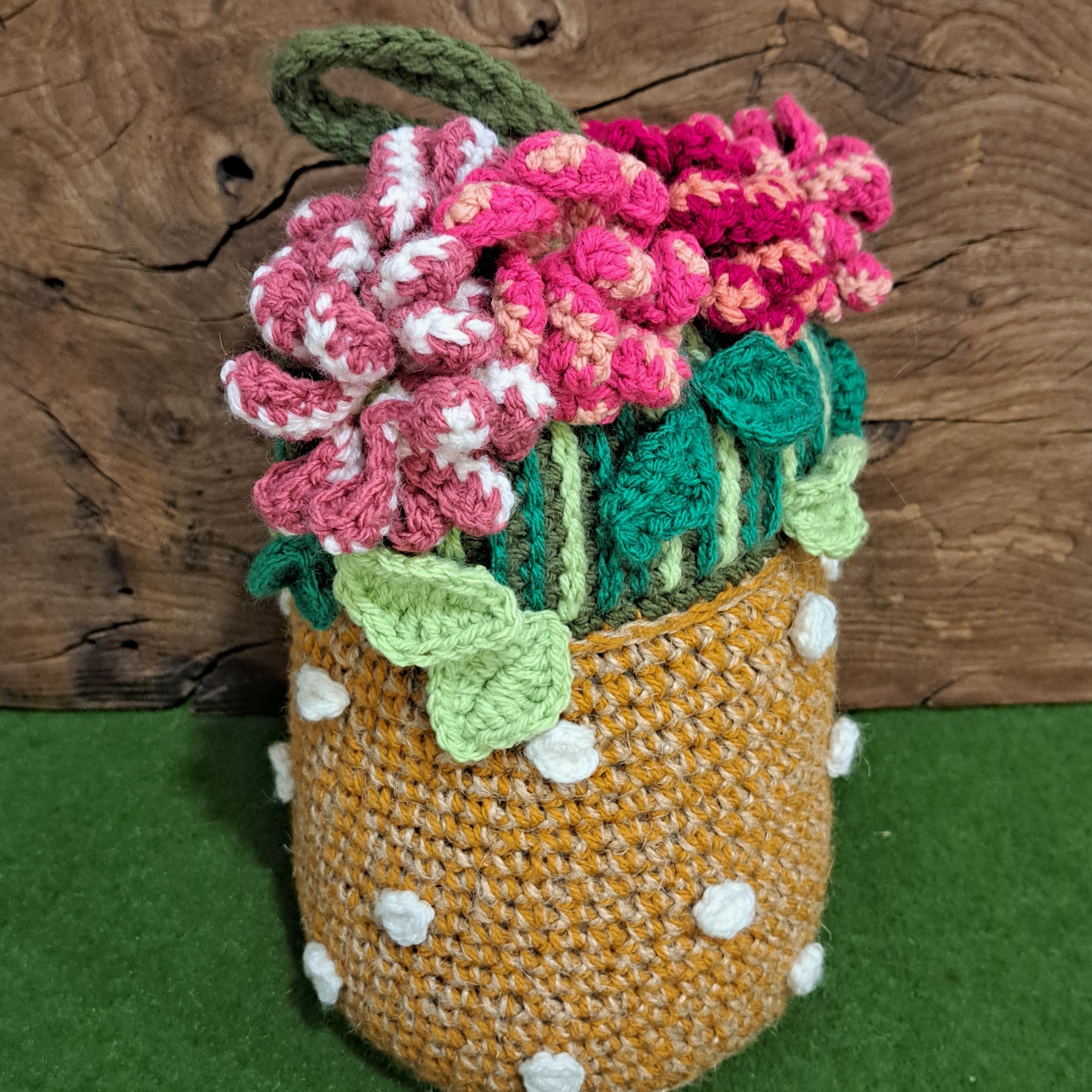 Handmade Crochet flower vase doorstop, rustic jute, cotton, pink flowers orange vase