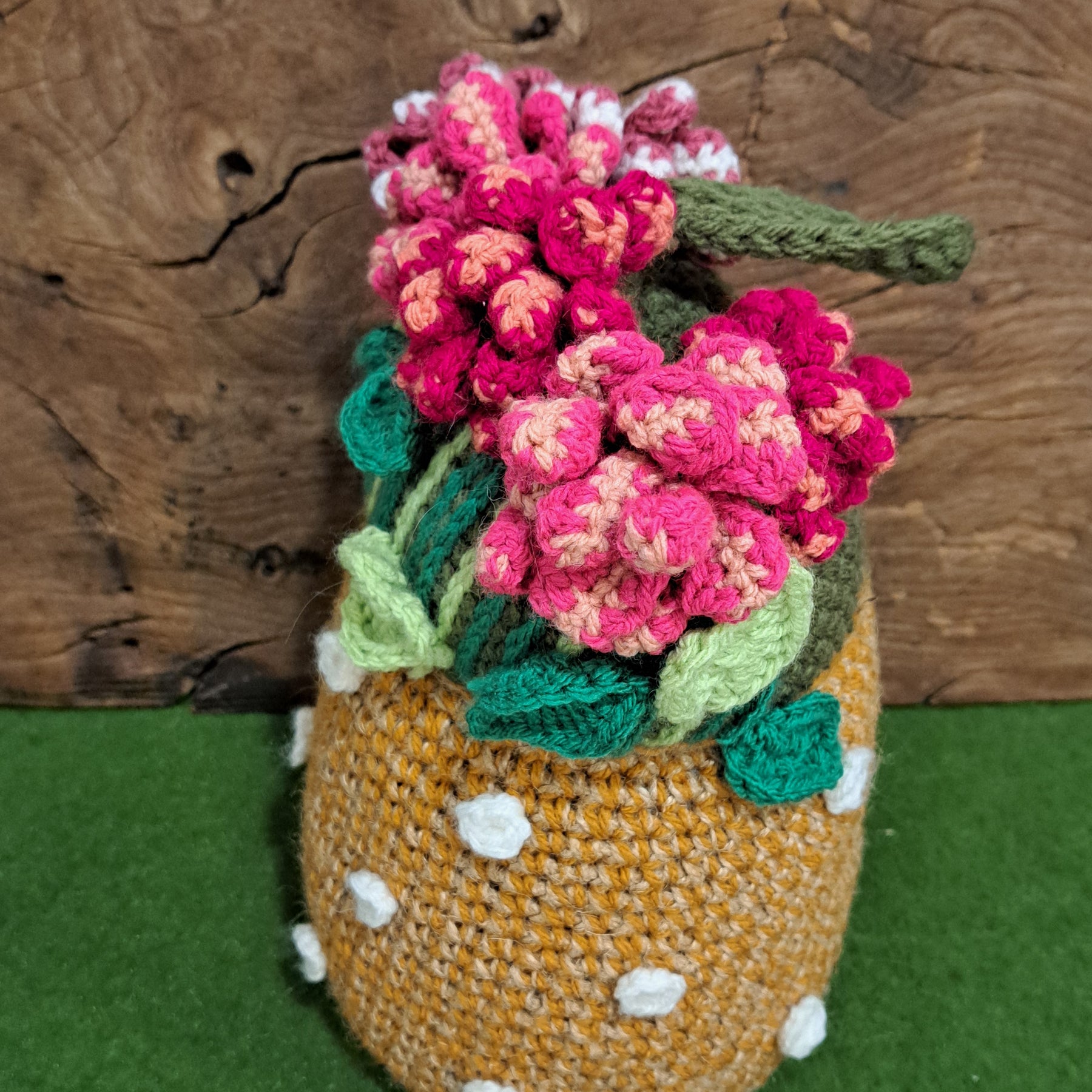 Handmade Crochet flower vase doorstop, rustic jute, cotton, pink flowers orange vase