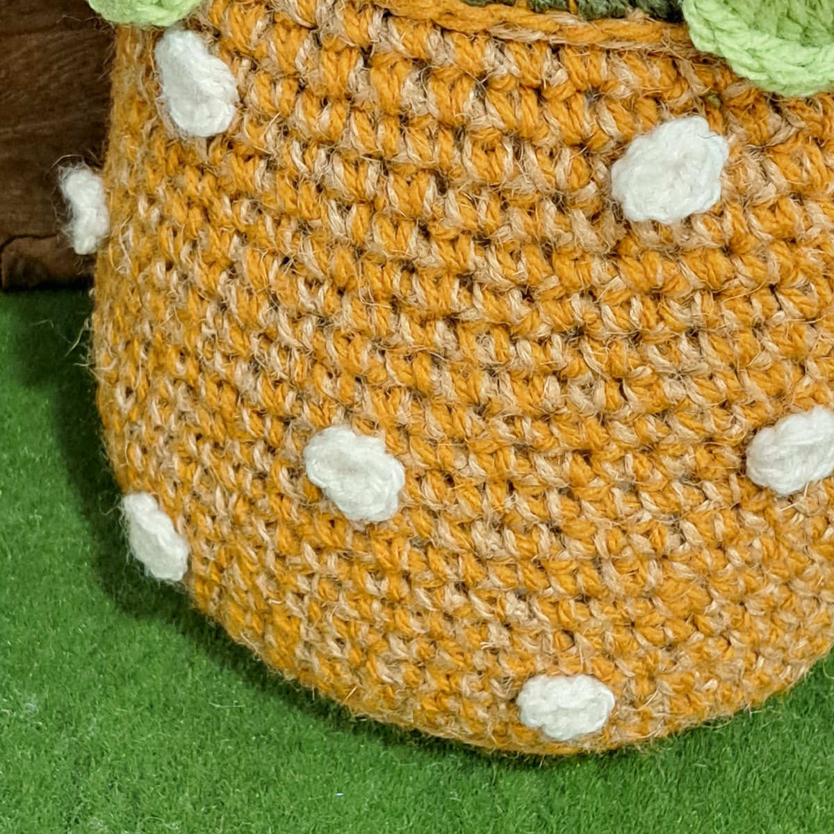 Handmade Crochet flower vase doorstop, rustic jute, cotton, pink flowers orange vase