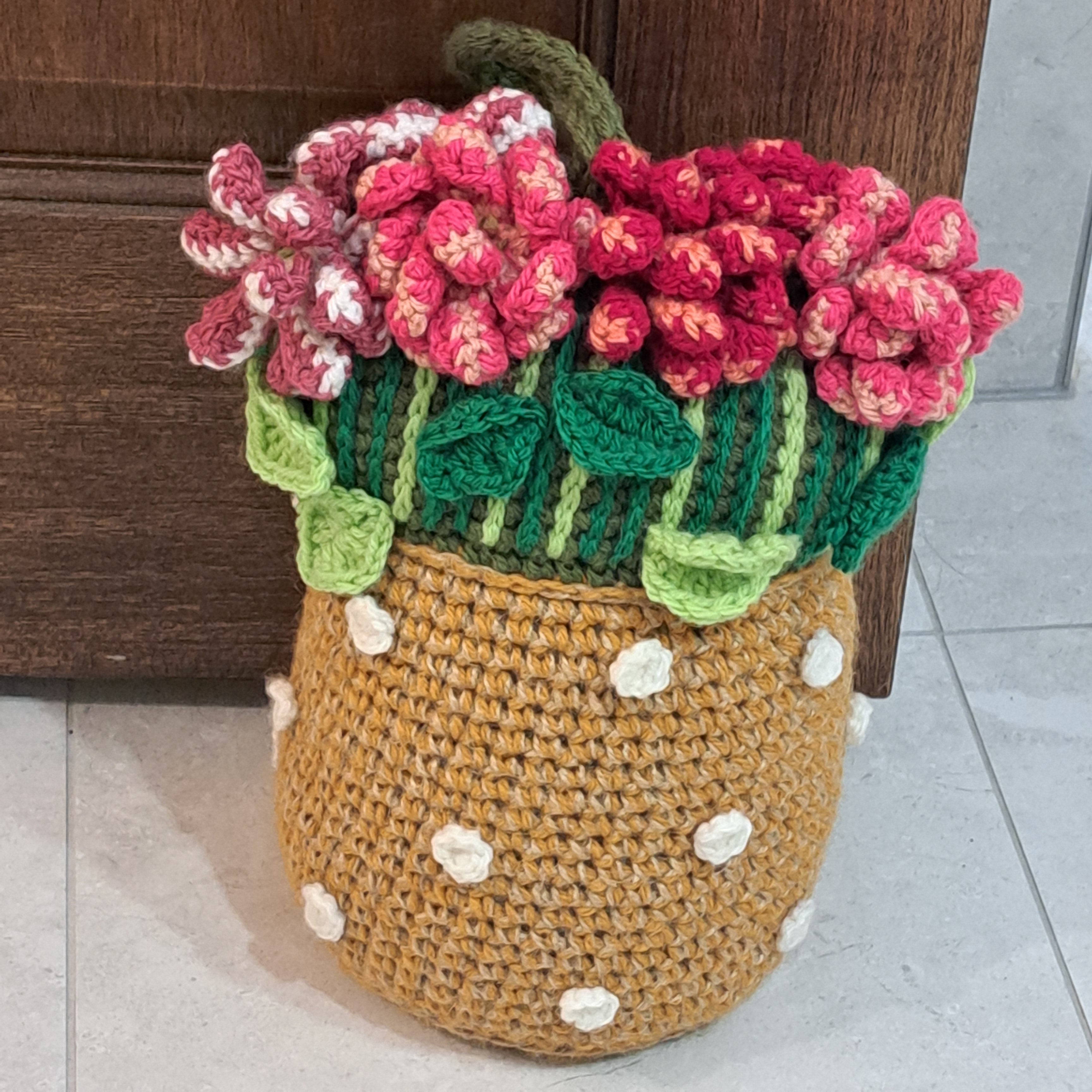 Handmade Crochet flower vase doorstop, rustic jute, cotton, pink flowers orange vase