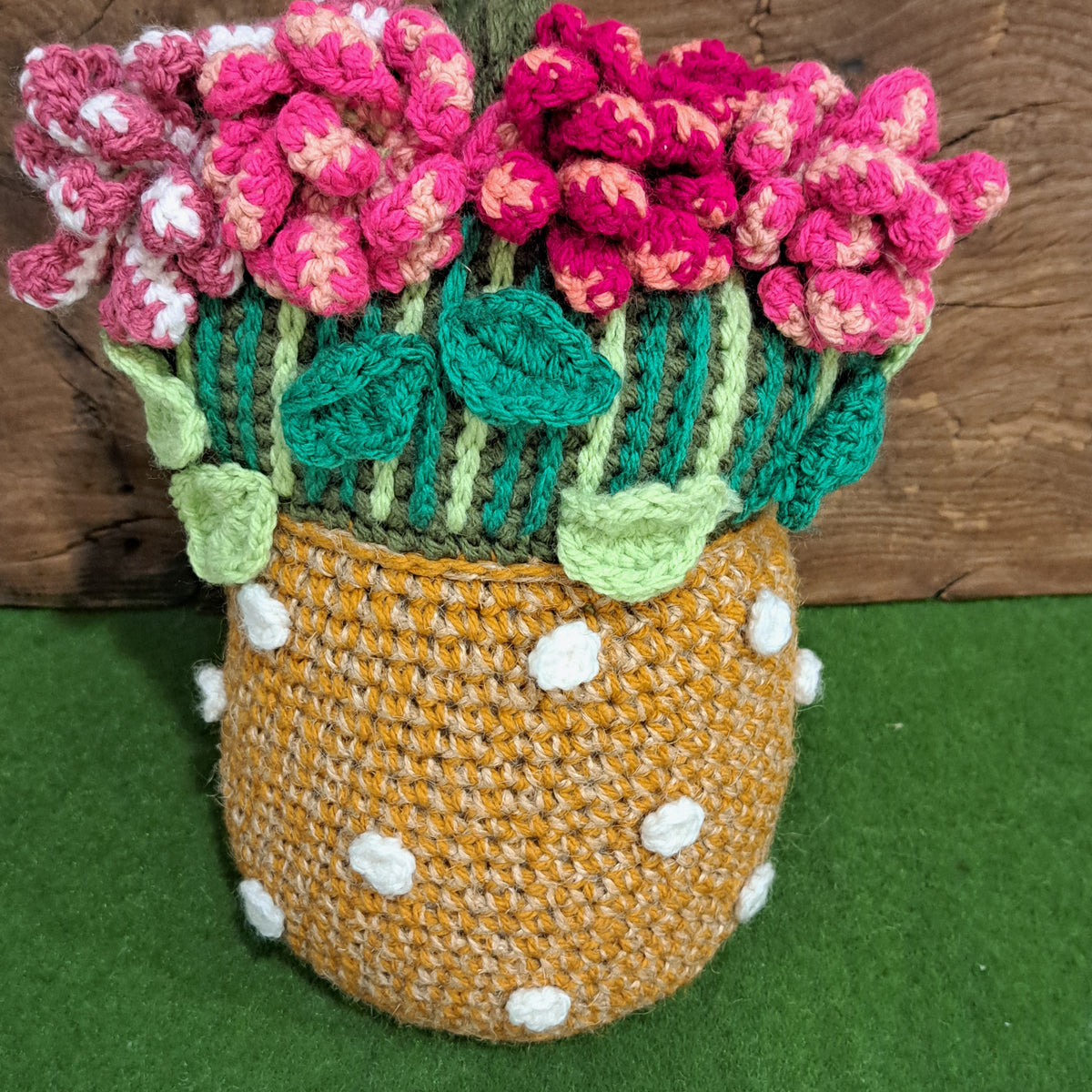 Handmade Crochet flower vase doorstop, rustic jute, cotton, pink flowers orange vase