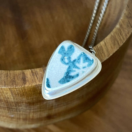 Sterling Silver Sea Pottery Bezel Set Pendant - Green Flowers