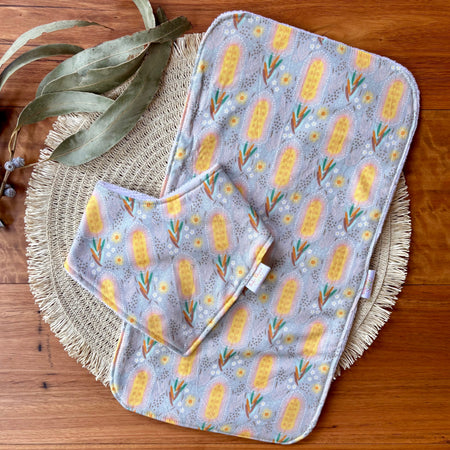 Baby Bib and Burp Cloth Set | Banksias | Ready to ship