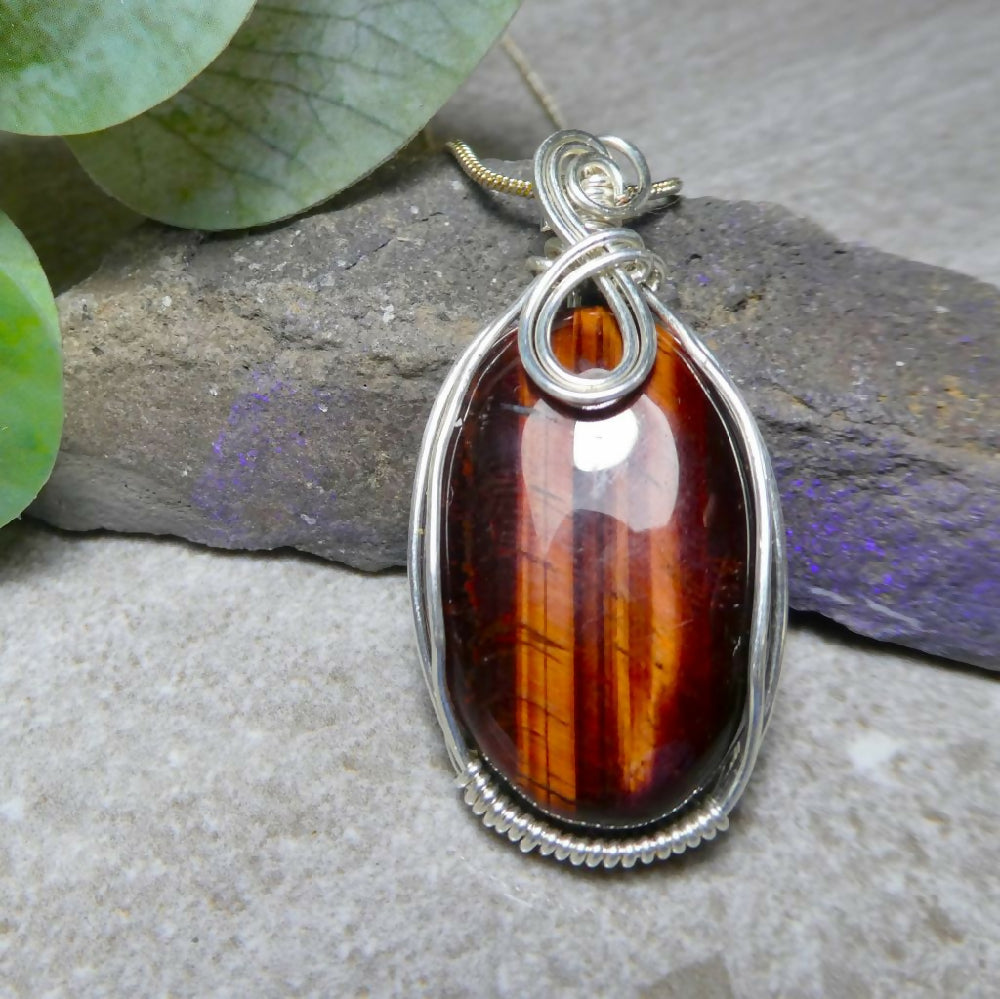 Red Tiger Eye pendant Sterling silver filled wire wrapped